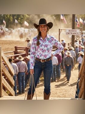 Ariat White Button-Down Shirt with Pink & Purple Floral Print